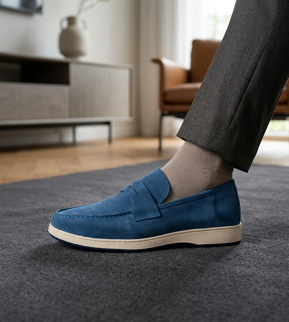 Ballerine homme daim avec bande Bleu jean